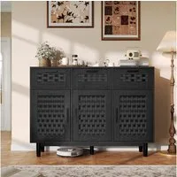 FUROKOY Sideboard Rattan Küchenschrank us Holz (Buffetschrank Highboard mit 3 Schubladen und 3 Türen), für Schlafzimmer, Wohnzimmer, Flur, 108 x 40 x 80 cm, Schwarz