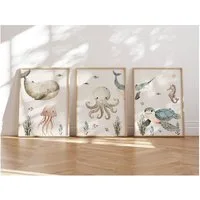 MeinBaby123® Poster Kinderzimmer Meerestiere,  Kinderzimmer Deko, Kinderzimmer Bilder, Unterwasserwelt, süßer Wal, Schildkröte, Qualle