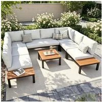PHI VILLA Gartenlounge-Set, (Balkonmöbel Outdoor Ecksofa, Metall Gartenmöbel Set), Außen Gartensofa Wetterfest mit Couchtisch und Kissen, Beige-Grau