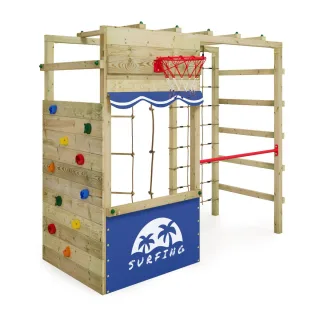 Klettergerüst Smart Action Spielturm mit Kletterwand Hangelbrücke Reckstange Basketballkorb Massivholz Spielplatz für den Garten kompakt - Wickey
