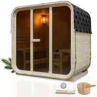 Artsauna Fasssauna Fjora, 38 mm, Fichte, 9 kW Ofen bis 100 °C, Glasfront, bis 6 Personen, Zubehör-Set