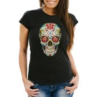 MoonWorks Print-Shirt Sugar Skull Damen T-Shirt with Roses Totenkopf mit Rosen Slim Fit Moonworks® mit Print