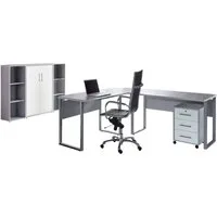 BMG Möbel Büromöbel-Set Office Edition Set 2, (Büro Set, 5 tlg., Fronten Matt oder Hochglanz lackiert), Aktenschrank und Rollcontainer abschließbar, Winkelschreibtisch