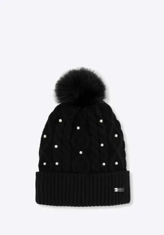 Wittchen Damenhut mit Bommel und Perlen, schwarze Viskose