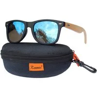 Rennec Sonnenbrille (Brille mit Bambus Holz Bügel und Brillenbox) Retro Brille mit Polarisierten Verspiegelten Gläsern
