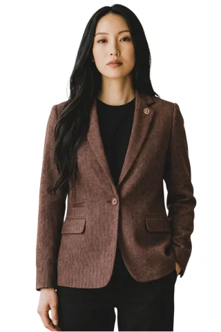 Damen-Rostbrauner Woll-Tweed-Fischgraut-Karo-Blazer – WS-1
