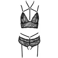Abierta Fina Set: Bügelloser BH Dessous Set: BH und Straps-Slip mit Ketten - schwarz (2-tlg) Spitze und Samt mit roségoldfarbenen Details