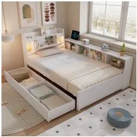 Flieks Holzbett, Einzelbett Kinderbett 90x200cm mit LED Stauraum Aufladen 2 Schubladen