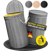 HANDFILL Flaschensammler Wäschekorb, Pfandflaschensammler & für Gelbe Säcke Rund Bambus 55L (Mehrzweck Bambusständer Set für Gelbe Säcke, Pfandflaschen & Wäsche, Bambus Pfandflaschen- & Wäschesack-Ständer Set für Zuhause), Vielseitiger Bambus Pfandfl