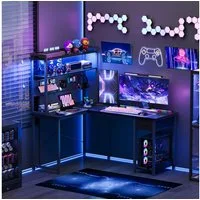 UDPATIO Gamingtisch Gaming Eckschreibtisch mit Lochwand, Regal, Steckdosen & USB, schwarz (1-St), Gaming Setup, Home Office, Steckdosen, Lochwand, L-Form