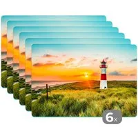 MuchoWow Platzset Leuchtturm - Natur - Sonne - Landschaft - Gras - Strand - Meer, (6-St), Platzsets, Tischset, Abwaschbar, Tischsets, Platzdeckchen