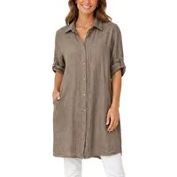 dy_mode Longbluse Damen Leinen Longbluse Sommer Hemdbluse Blusenkleid Luftige Tunika in Unifarbe, mit Knopfleiste