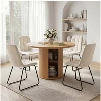 Jiexi Essgruppe Essgruppe rund Ø110cm MDF Eiche mit Stauraum & Flanell Stühlen