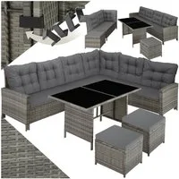 tectake Loungeset Rattan Lounge für 6 bis 8 Personen, mit Sicherheitsglasplatten, (Loungemöbel Barletta, 6-tlg., in grau-meliert/grau), widerstandsfähig, UV-beständig, dicke Rückenkissen