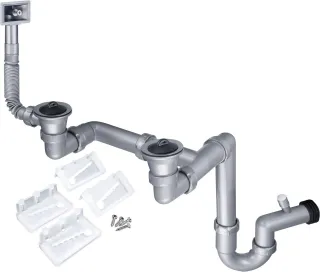Neuesbad Siphon für 2-Becken Edelstahl LAY-ON SINKS, 2'' mit Überlauf IN Becken NB1DEZXY99241