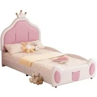 Flieks Polsterbett, Kinderbett Einzelbett 90x200cm mit Krone Kopfteil Kunstlederstoff