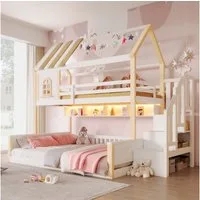 Flieks Etagenbett, Kinderbett 90/140x200cm mit LED-Lichtleiste Staufächer Stauraumtreppe