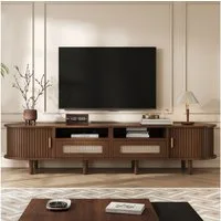 Merax Lowboard Retro-Modernes TV-Board in Walnuss/Natur (1 St., Fernsehtisch Ovales Lowboard), TV-Schrank mit 2 Rattan-Schubladen, 2 Schiebetüren & 8 stabilen Beinen