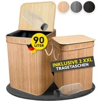 HANDFILL Flaschensammler Wäschekorb Bambus 90L mit Deckel – Pfandflaschen & Recyclingbehälter (Recycling- und Aufbewahrungs-Set aus Bambus – ideal für Pfandflaschen & Wäsche, Praktisches 3-tlg. Set Bambusbehälter 2 Tragetaschen für Pfandflaschen), St