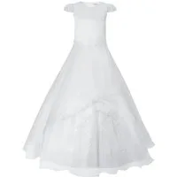 Märchenburg Satinkleid Eleganza Blanca Kommunionkleid Prinzessinnenkleid m. Spitze & Reifrock - KOMMUNIONKLEID - Lilie 2026 -zarte Spitzenärmel u. feine Stickereien