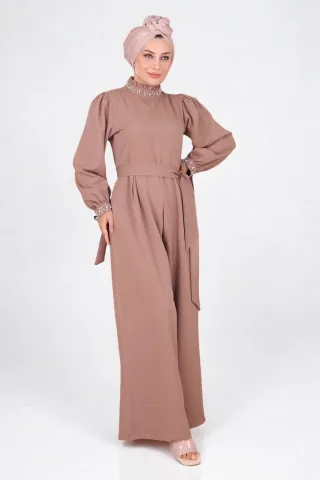 Perlen Detailed Jumpsuit-Kleid Nerz