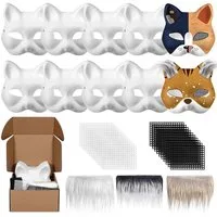 CLTYQ Kreativset Halloween 8 Stück Katzenmasken zum Bemalen, DIY Papier Maske, (33-tlg., DIY Papier Maske mit Kuns Fell und Eye Mesh), DIY Weiße Maske, Therian Mask, für Maskerade, Halloween,Cosplay