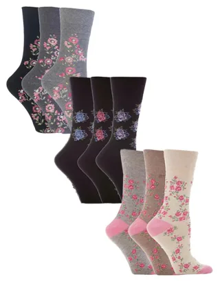 9 Paar Multipack Ladies Cotton Crew Non Elastic Socks | Gentle Grip | Womens Soft Top Striped Patterned Non Binding Socks - Floral 1