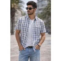 Man's World Karohemd Kurzarm, für Casualmode, Basic, Frühling und Sommer, aus Baumwolle