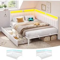 MSMASK Polsterbett Schlafsofa mit 2 Schubladen und USB-Ladestation, Betten mit LED-Beleuchtung & Lattenrost aus Metall, ohne Matratze