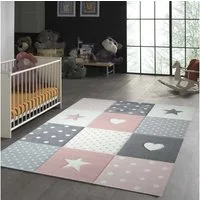 TeppichHome24 Kinderteppich Kinderteppich mit Herz Stern in Rosa Weiss Grau, rechteckig, Höhe: 1.3 mm