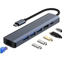 Bolwins H32C 6in1 Adapter USB Typ-C zu Hub 3x USB 3.0, USB-C mit PD, HDMI RJ45 Computer-Adapter USB-C Stecker zu x USB-A 3.0, USB-C PD, HDMI, RJ45, 8 cm, 4K HDMI, 100W PD, 10 Gbit/s, Gigabit LAN