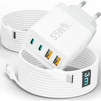GreenHec Ladegerät USB-C iPhone mehrfach Schnell Handy Adapter Netzteil + Kabel Schnelllade-Gerät (0 mA, Spar-Set, 55w Quatro Charger + USB-C Kabel, iPhone 17 16 15 14 13 12 Pro Max Air, 4 Multi Ports 55w 1m 2m 3m Laden)