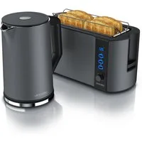Arendo Frühstücks-Set Edelstahl Wasserkocher 1,5l, 4-Scheiben Langschlitz Toaster, Cool Grey (2-tlg), Temperatureinstellung, Warmhaltefunktion, Display, Brötchenaufsatz