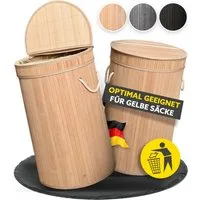 HANDFILL Flaschensammler Wäschekorb, Pfandflaschensammler & für Gelbe Säcke Rund Bambus 55L (Mehrzweck Bambusständer Set für Gelbe Säcke, Pfandflaschen & Wäsche, Bambus Pfandflaschen- & Wäschesack-Ständer Set für Zuhause), Vielseitiger Bambus Pfandfl