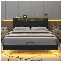 ADWOLT Jugendbett Schwebebett mit LED-Beleuchtung (1-tlg., Höhenverstellbares Kopfteil mit Stauraum und Ladefunktion), Polsterbett Doppelbett 140x200cm Mit Bettkasten, PU, Schwarz