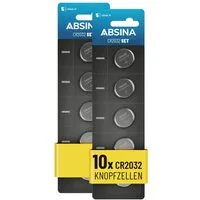 ABSINA Knopfzelle CR2032 Lithium 3V 10er Pack Knopfzelle, (10 St)