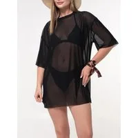 Elegant Love Strandkleid Damen Bade Cover-up transparent Mesh T-Shirt Schwarz Strand-Tunika aus Netzstoff – Kurzarm Beachwear mit Rundhals