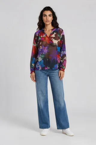 Milano Italy - ragler sleeve blouse with gathering on neck and sleeve purple print - Gr. - 40