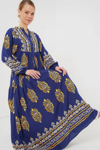 Bedrucktes V-Ausschnitt-Maxikleid mit Druckknopfverschluss