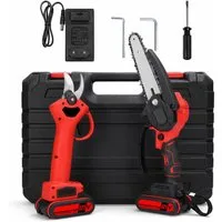 GARRYFIZH Akku-Astschere Akku Astschere und Akku Kettensäge-Set, für Astbeschneidung, 2 Batterien 6-Zoll-Leiterplatte 21 V