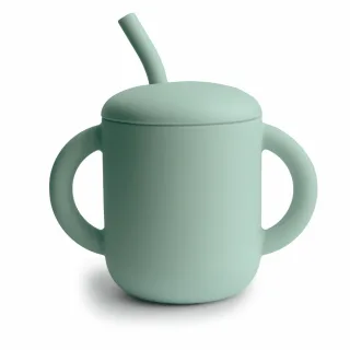 Mushie Silikonbecher mit Trinkhalm Cambridge Blue