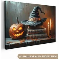 OneMillionCanvasses® Leinwandbild Halloween - Stillleben - Hexenhut - Kürbis - Hexe, Fotodruck (1 St), Leinwand Bilder Klein, Wand Dekoration Aesthetic 30x20 cm