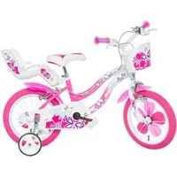 Dino Bikes Kinderfahrrad 14" Flappy Kinderfahrrad Mädchen Stützräder 3–5 Jahre Stützräder, 1 Gang, mit Stützrädern, Korb und Puppensitz