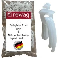 rewagi Gardinengleiter 100 Drehgleiter & 100 Gardinenhaken doppelt für Gardinenschiene 4 mm, Gardinenschiene, Gardinenleiste, Gardinen, Vorhänge