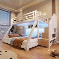 Flieks Etagenbett, Kinderbett Metallbett 90x200/140x200cm mit Lichtleiste Stauraumtreppe