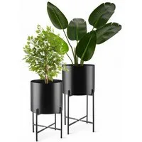 tectake Blumentopf Pflanzenständer 2-teilig, Anti-Rutsch-Pads, Belastbarkeit je 20 kg (Pflanzkübelset Mine, in Industrial Style schwarz), abnehmbar, pulverbeschichteter Stahl, bodenschonende Kunststofffüße