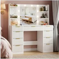 HOMALL Schminktisch Mit dreifarbiger LED-Beleuchtung, mit Spiegel, optional mit Hockern (Maße: 110 x 40 x 137 cm, mit 10 kugelförmigen Lampen, deren Helligkeit und Farbtemperatur einstellbar sind, sowie einer Schublade. Ausgestattet mit 1 USB-Anschlu