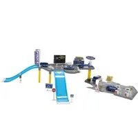 Bubble-Store Spiel-Parkgarage Garagen Spiel-Set Feuerwehr oder Polizeistation (2 Etagen mit 2 Rampen, 3 Transporter, Hubschrauber, Einsatzwagen, extra viel Zubehör u.a. 8 Straßenschilder, 2 Tankstellen, Waschstraße)