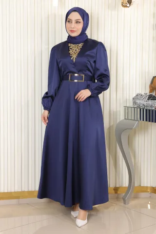 Stein Detailed Satin Abendkleid Indigo