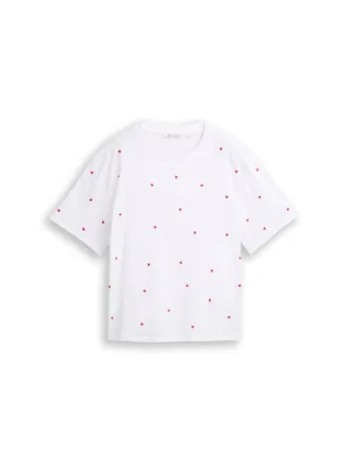 Denim Tom Tailor - Boxy Fit T-Shirt mit Stickereien white red heart embroidery - Gr. - XL